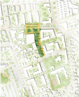 Grafischer Übersichtsplan des Wohnquartiers mit markierten Freiflächen, Wegen, Bäumen sowie Bereichen für Spiel, Sport, Aufenthalt und Erholung